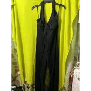 Vintage Black Halter Jumpsuit Chiffon Overlay Skirt & Open Back Design L ENT